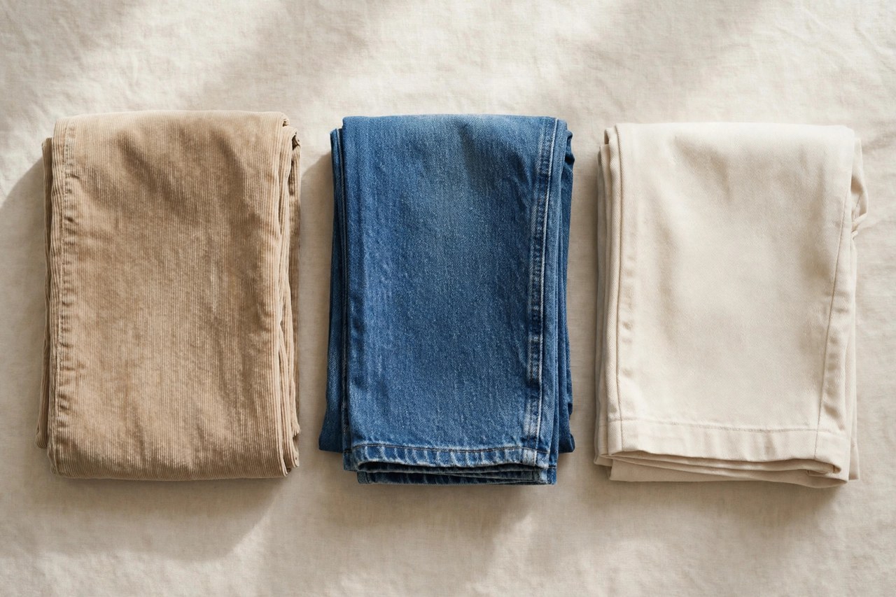 Flat lay of women's cotton pants, jeans and shorts in twill, denim and corduroy neatly folded on a neutral background