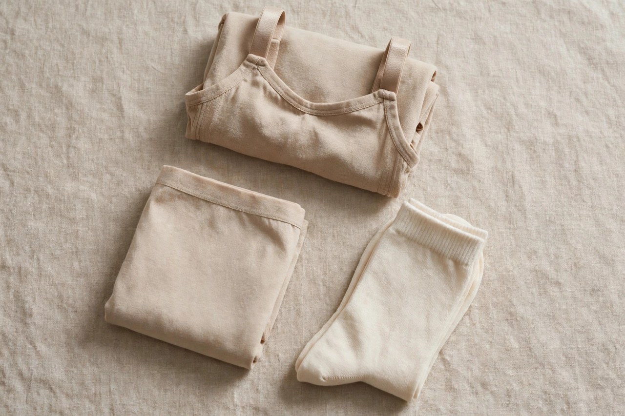 Neatly folded women's cotton underwear, socks and a folded cotton bra arranged flat on a clean neutral background