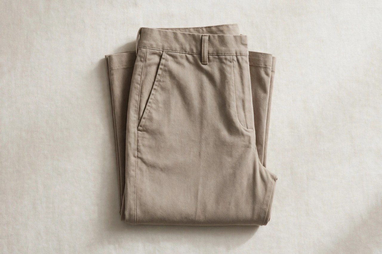 Neatly folded womens tailored cotton dress pants in a classic neutral shade with a pressed crease