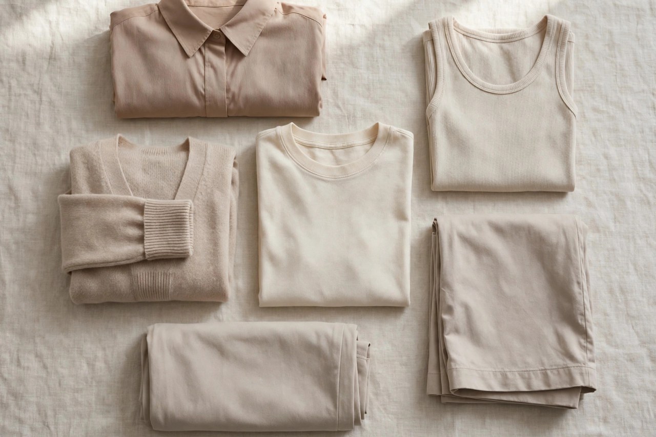 Neatly folded premium women's Egyptian cotton garments in soft neutral tones on a clean background