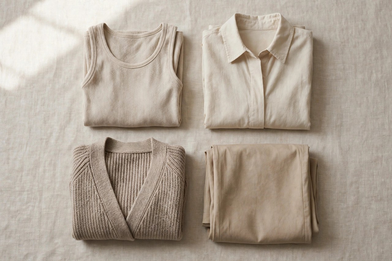 Folded stack of premium women's Egyptian cotton clothes in cream, white and soft grey tones