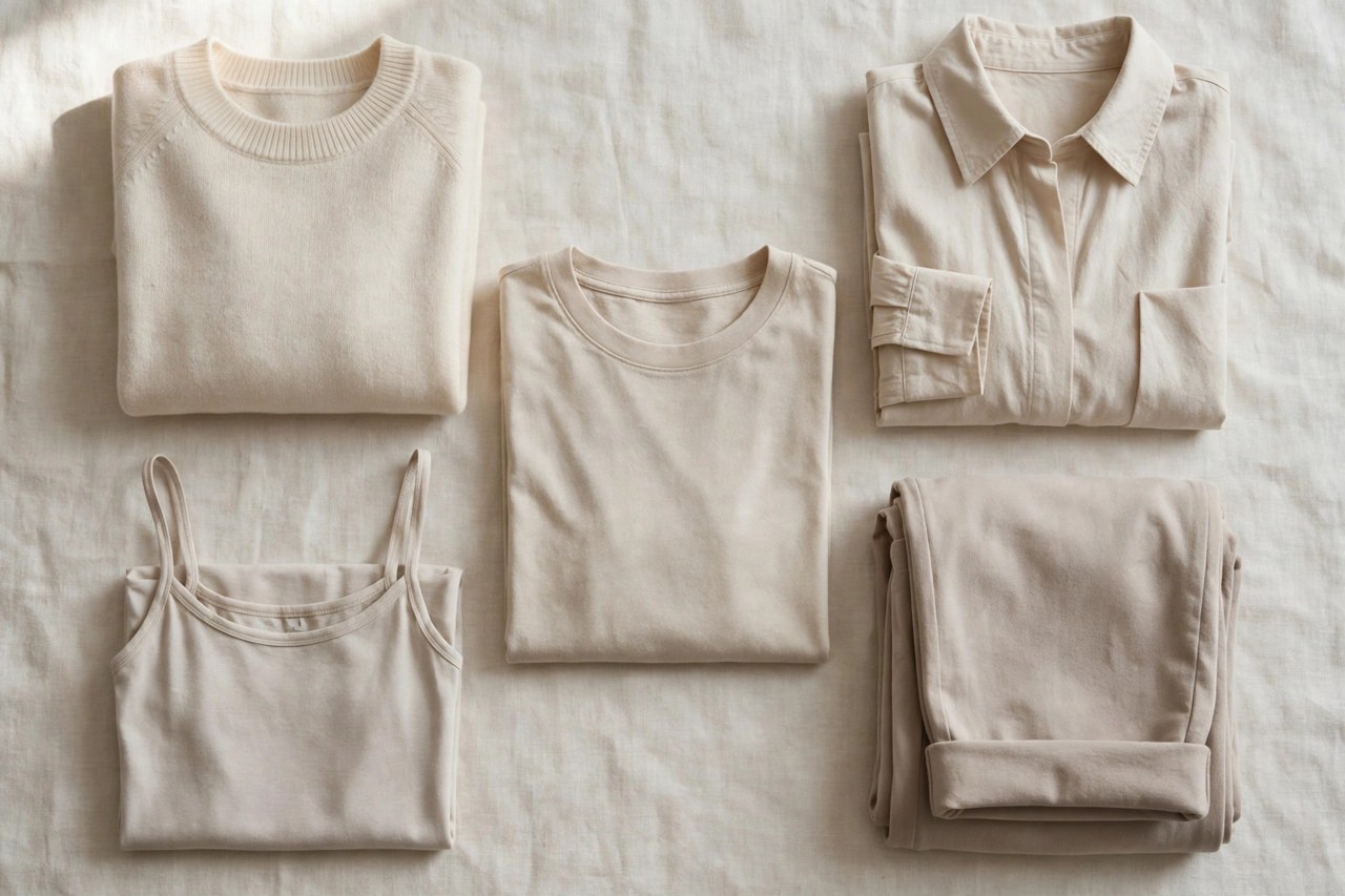 Premium women's Egyptian cotton clothing pieces folded neatly showing smooth woven and knit textures