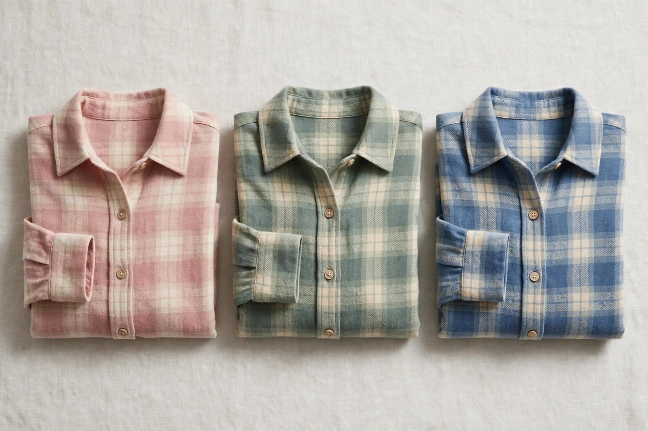 Neatly folded women's flannel lounge shirts in soft plaid on a clean neutral background