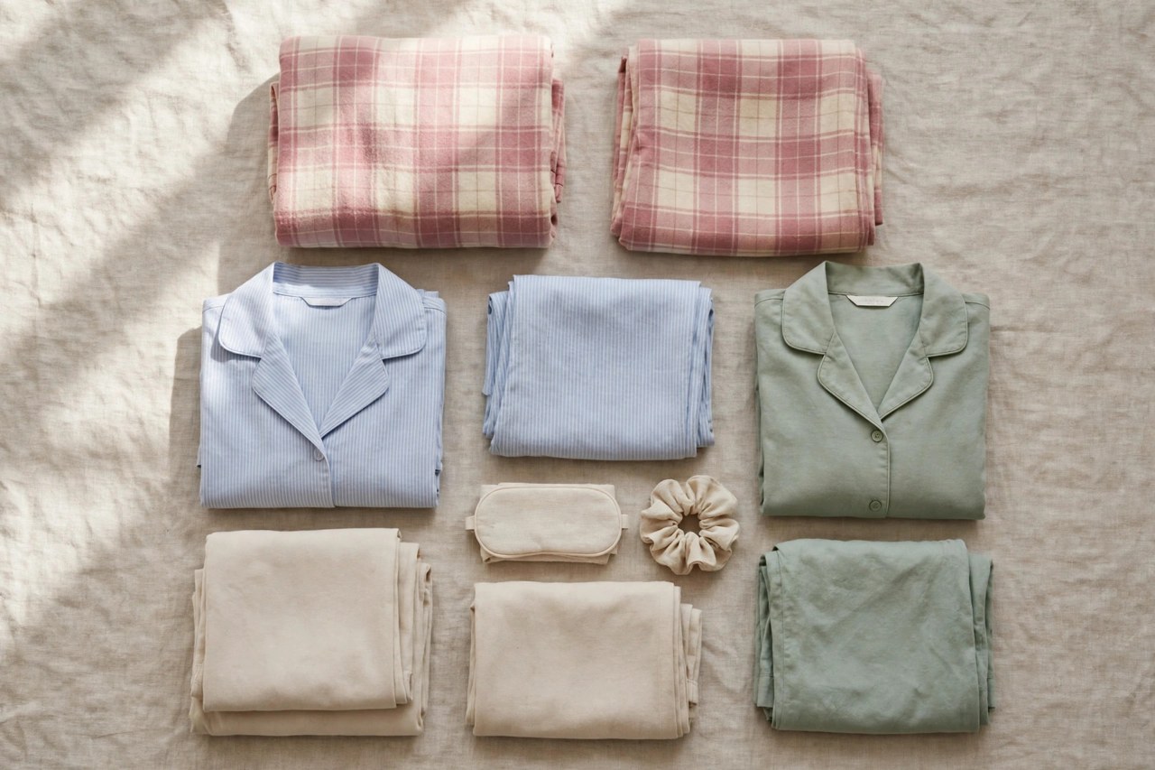 Neatly folded women's cotton flannel loungewear set in a soft plaid on a clean neutral background