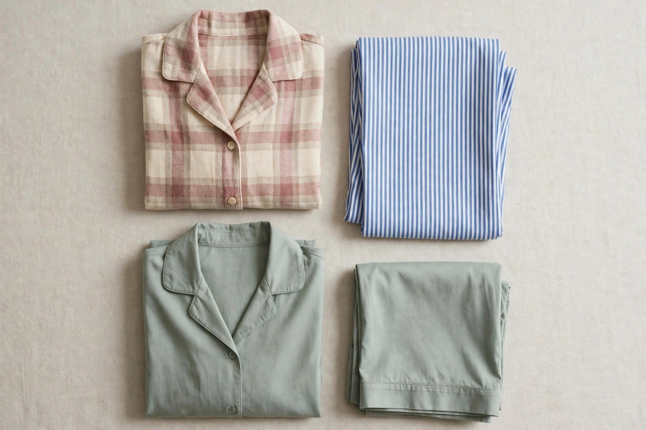 Neatly folded women's cotton flannel button-up pajama set in a traditional plaid on a clean neutral background