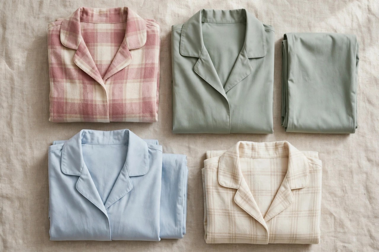 Neatly folded women's cotton flannel sleep pants in a cozy plaid on a clean neutral background