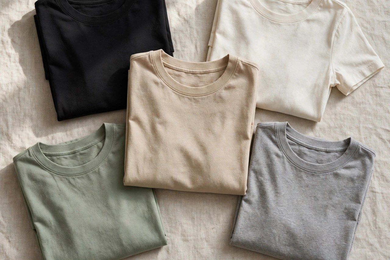 Stack of folded womens heavyweight cotton T-shirts in sturdy thick jersey in black, olive and ecru tones