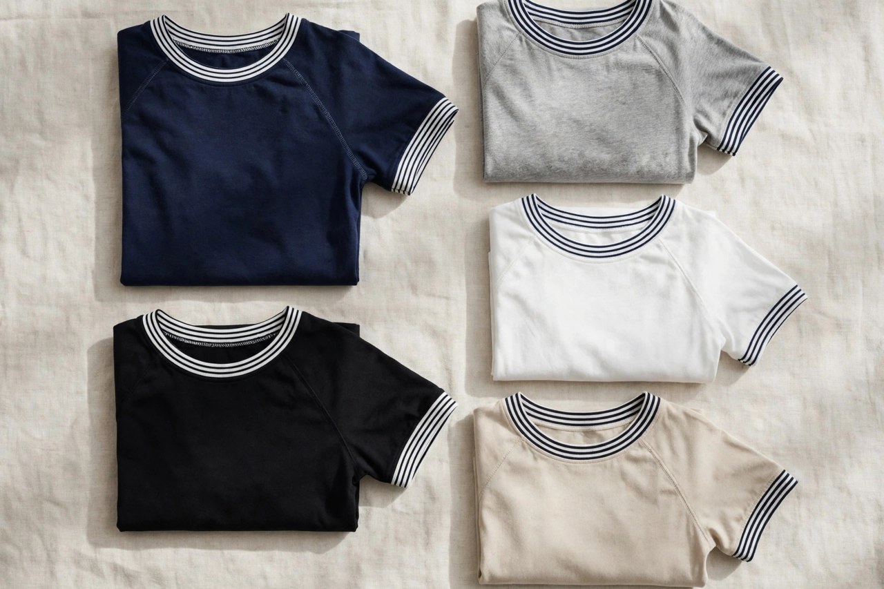 Neatly folded women's cotton jersey sports-style tops with raglan sleeves and striped trims in classic colors on a clean background