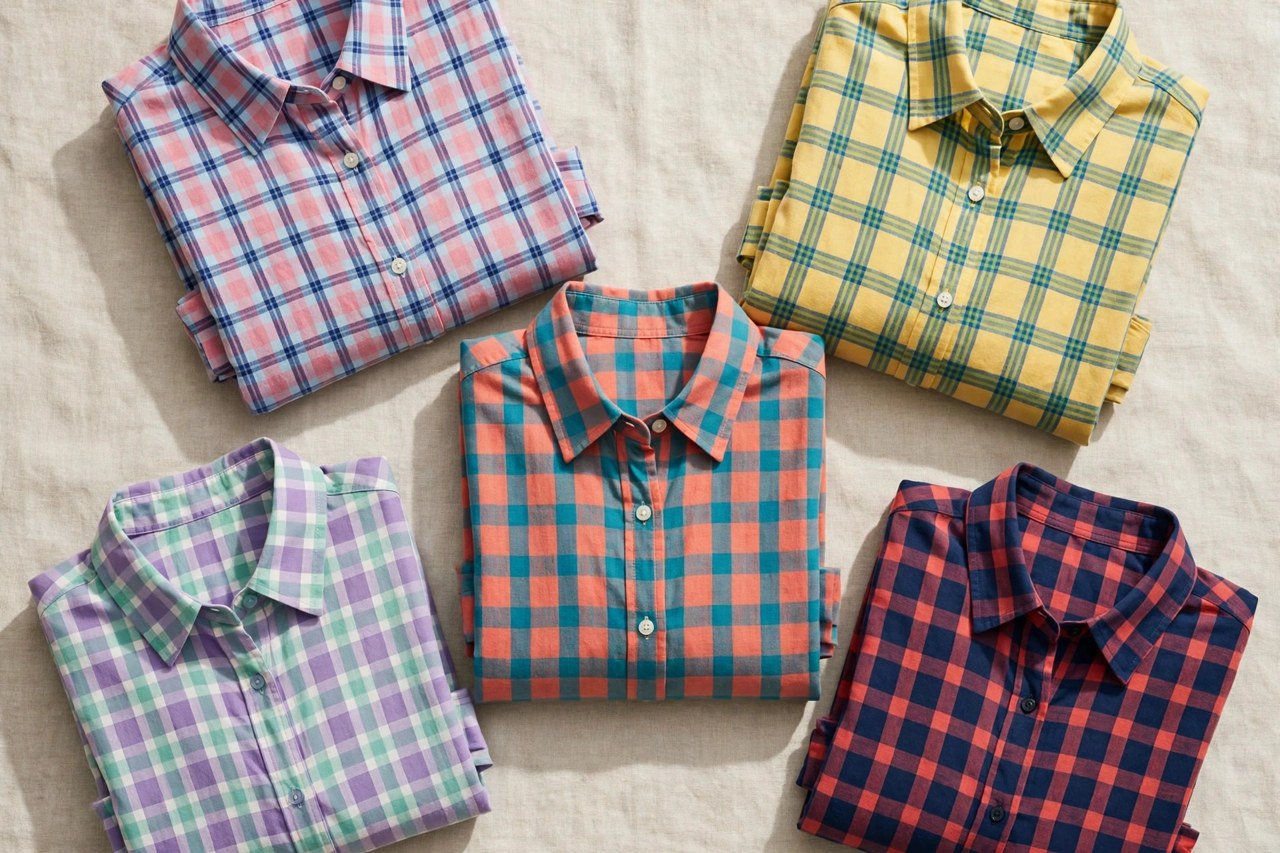 Folded women's cotton madras shirts in colorful yarn-dyed summer plaids