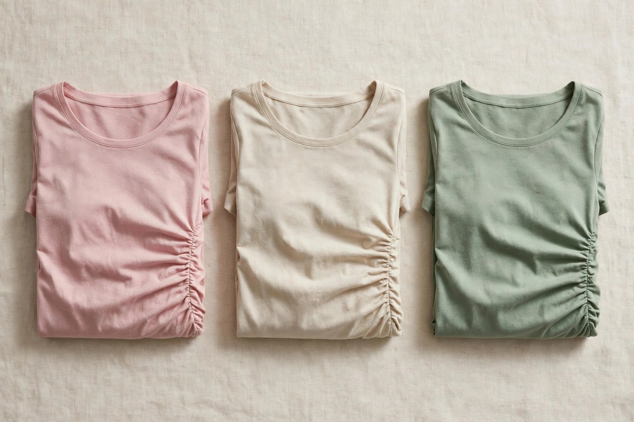 Neatly folded women's maternity cotton shirts in soft colors on a clean neutral background