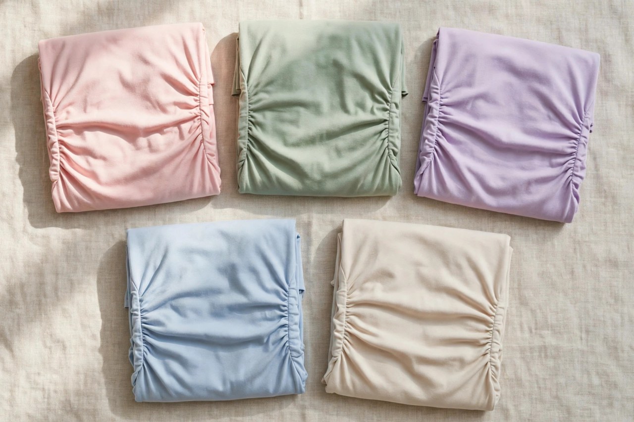 Neatly folded women's maternity cotton t-shirts in soft colours on a clean neutral background