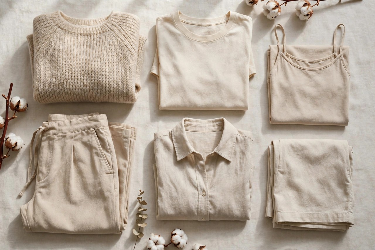 Neatly folded women's organic cotton clothes in natural undyed tones on a clean neutral background