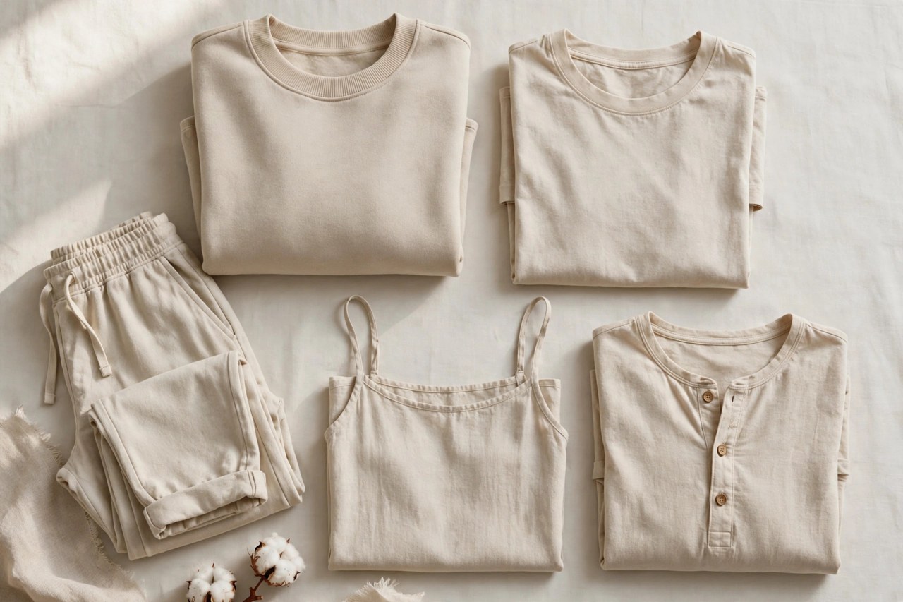 Neatly folded women's organic cotton clothing in natural undyed tones on a clean neutral background