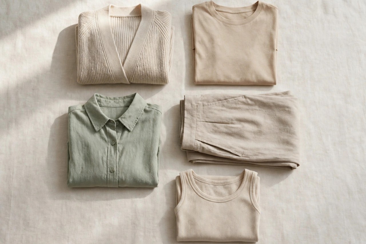 Neatly folded women's organic cotton loungewear in soft natural tones on a clean neutral background