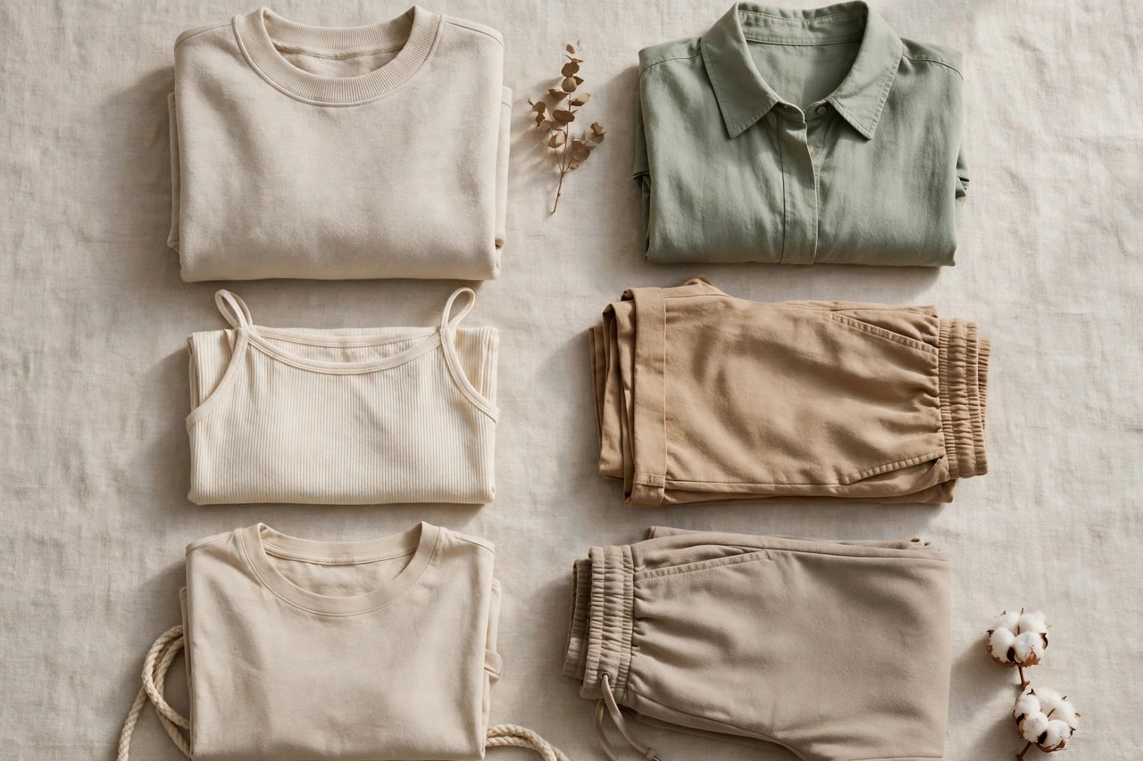 Neatly folded women's organic cotton pajama set in a soft natural tone on a clean neutral background