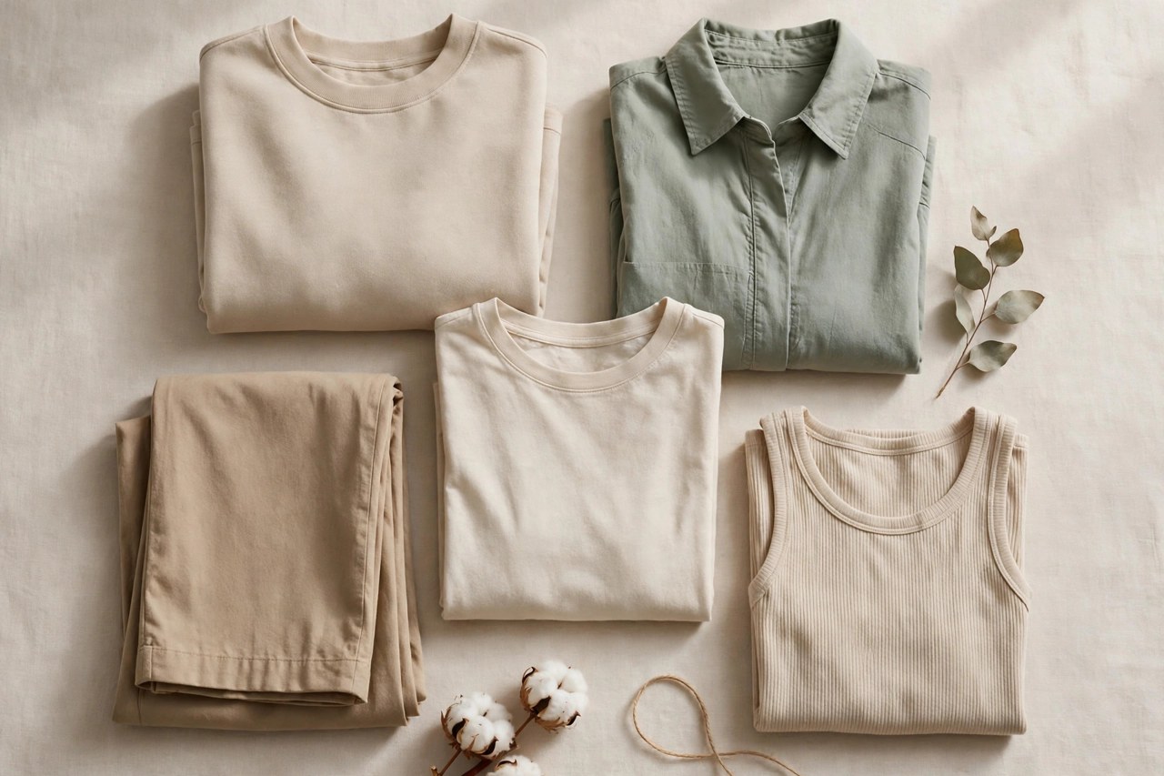 Neatly folded women's organic cotton pants in natural earth tones on a clean neutral background