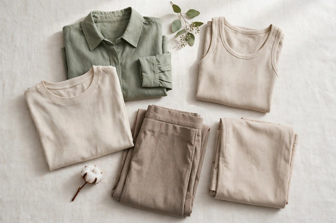 Neatly folded women's organic cotton sleepwear in soft natural tones on a clean neutral background