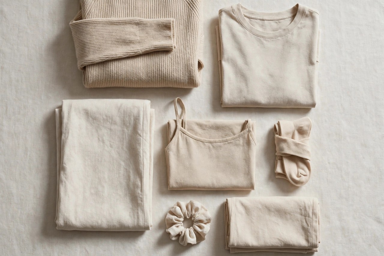 Neatly folded women's organic cotton sportswear separates in natural undyed tones on a clean neutral background