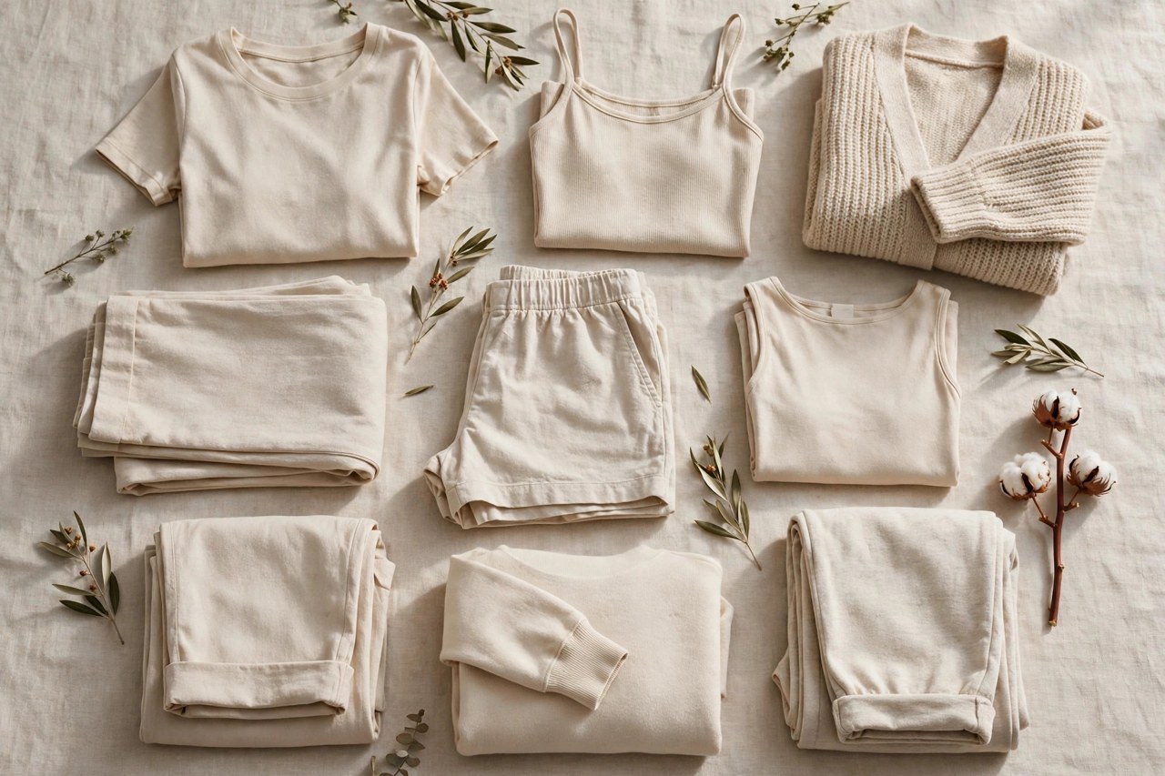 Neatly folded women's organic cotton womenswear in natural undyed tones on a clean neutral background