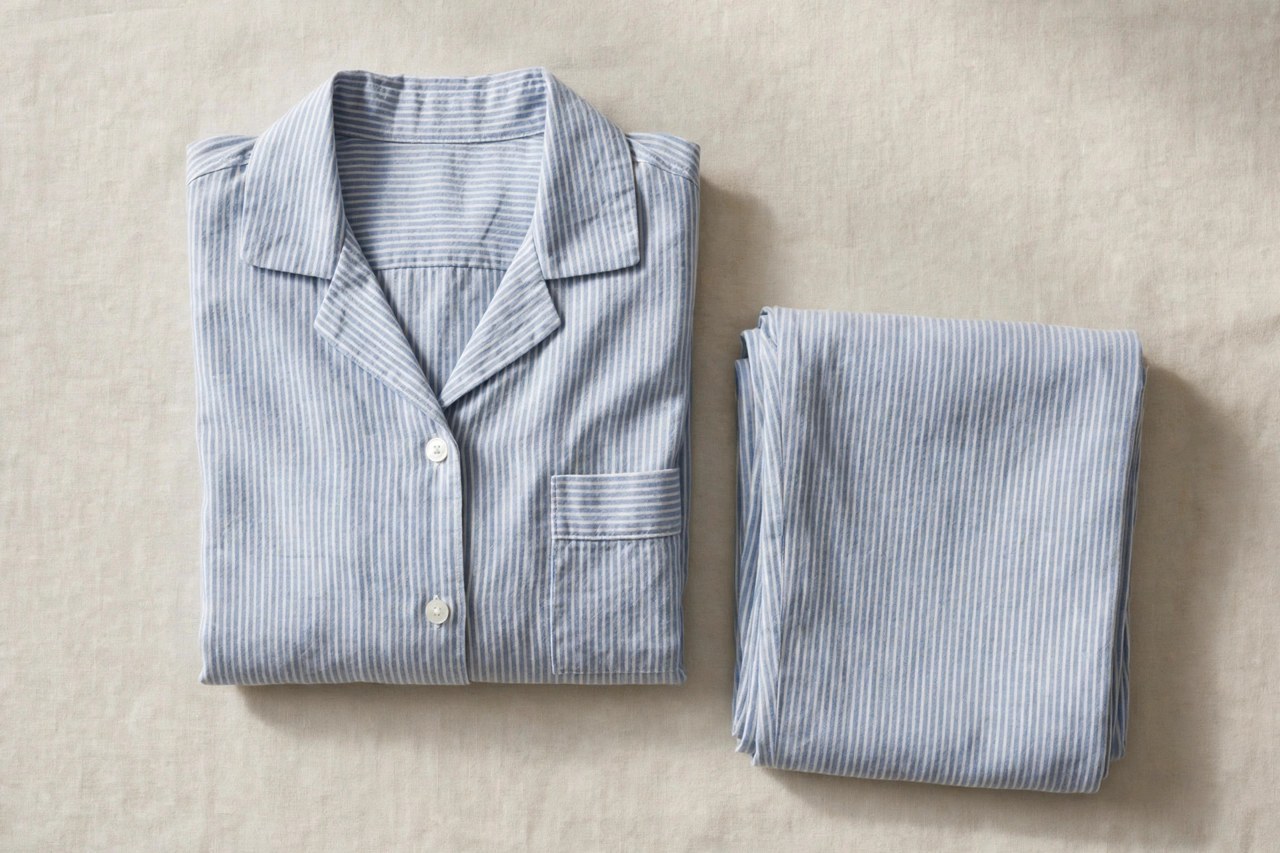 Neatly folded women's cotton pajamas in classic set styles and soft colors on a clean neutral background