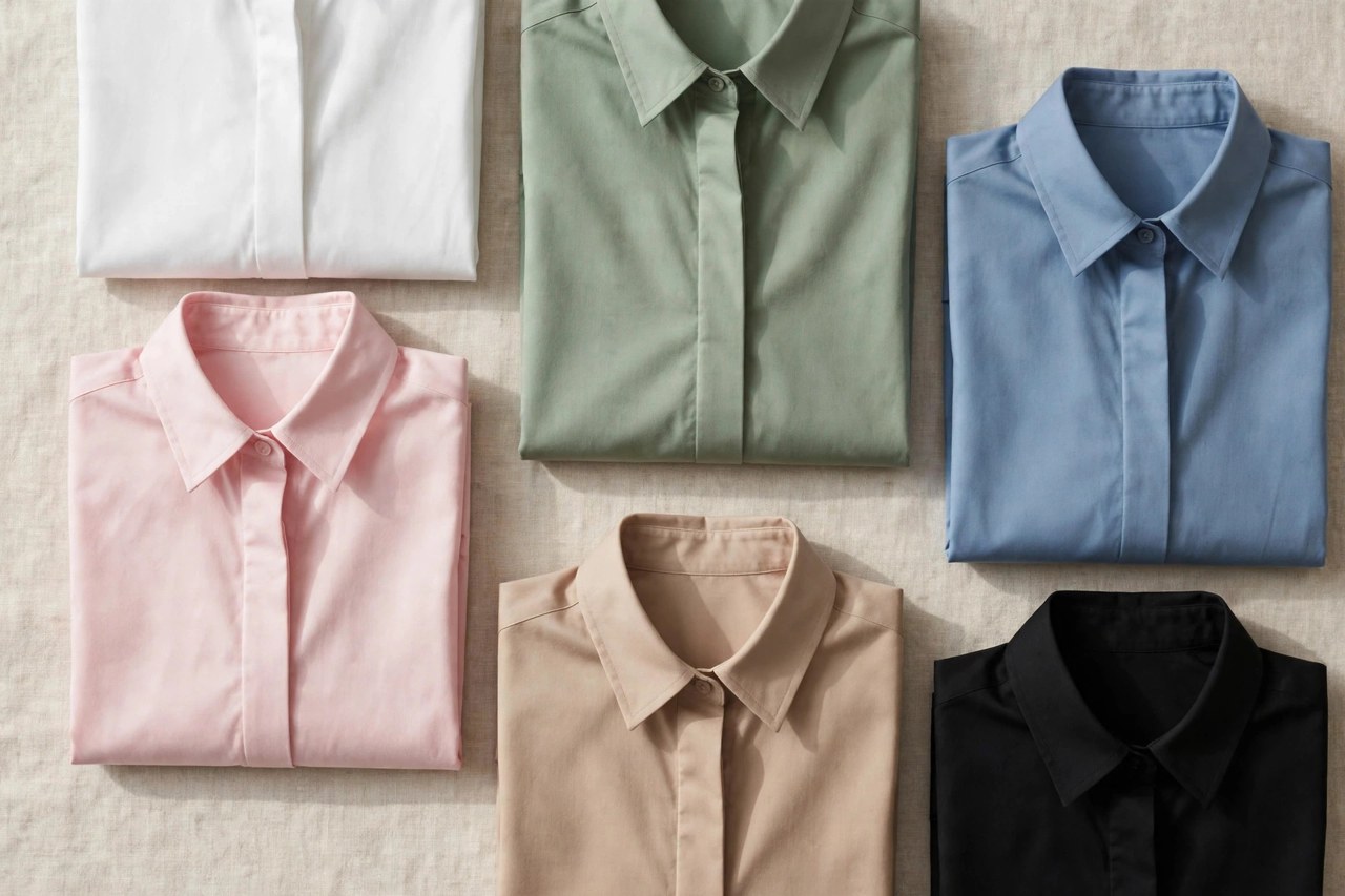Folded women's cotton poplin shirts in crisp solid colors showing a smooth woven finish
