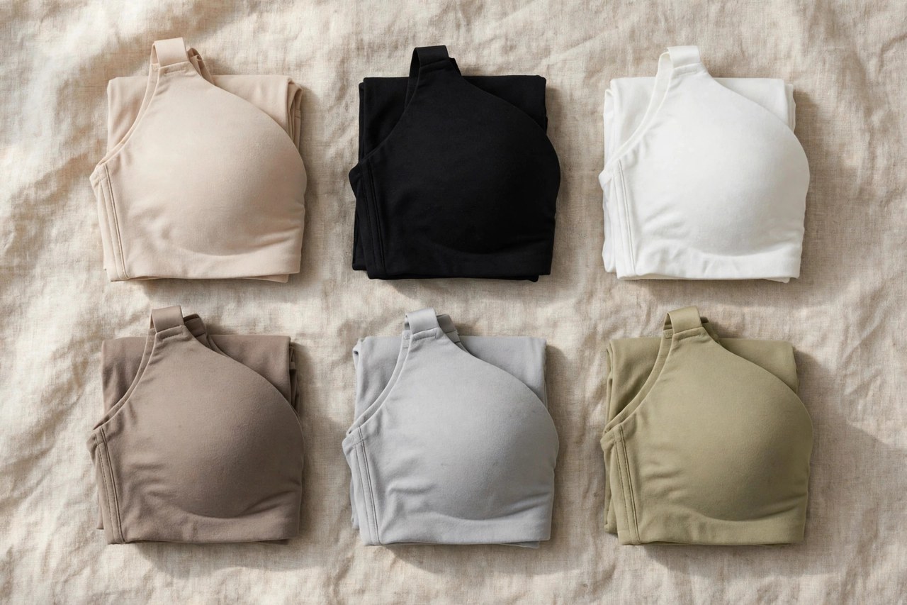 Neatly folded plain women's cotton posture bra showing a wide back panel on a clean background