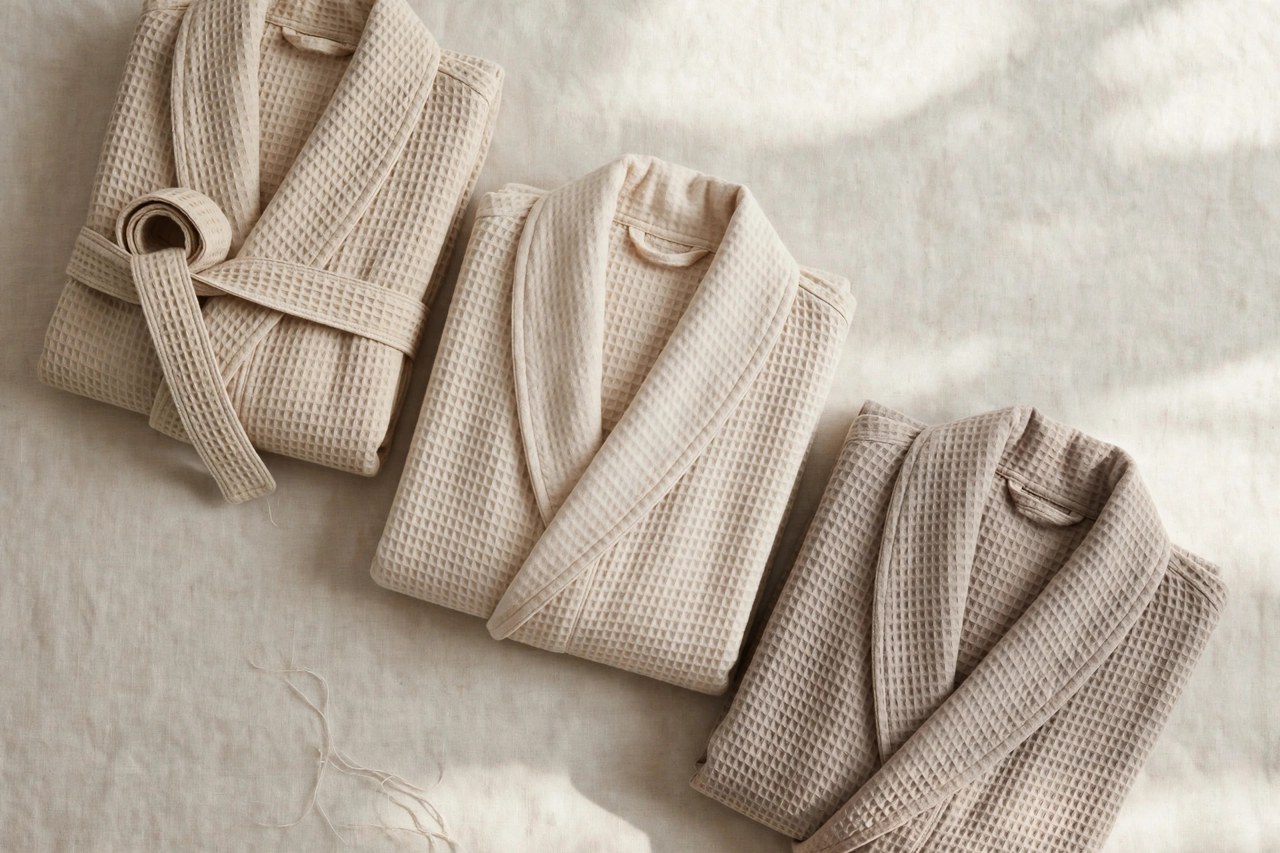 Neatly folded women's cotton robes in waffle and terry weaves in soft neutral tones on a clean neutral background