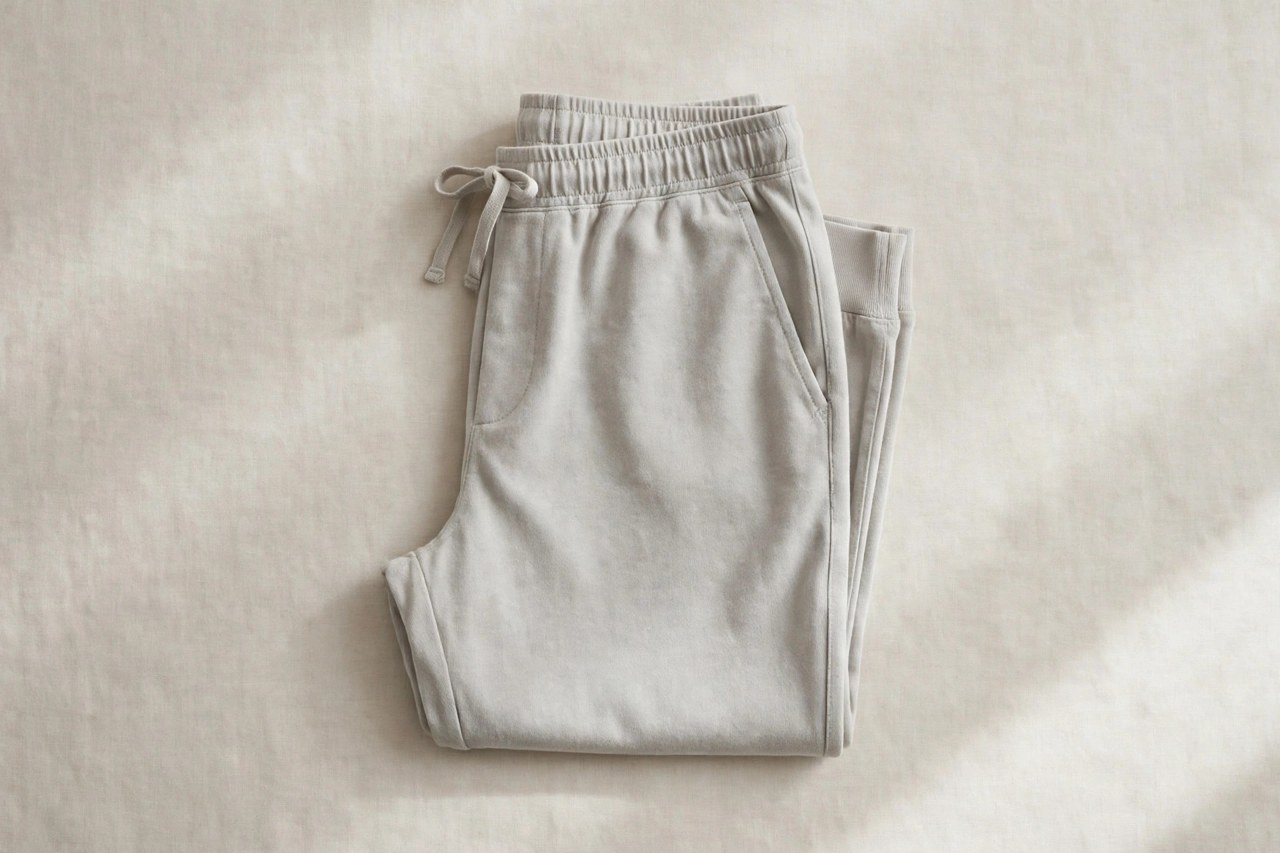 Neatly folded women's cotton running pants in a tapered jogger cut on a clean neutral background