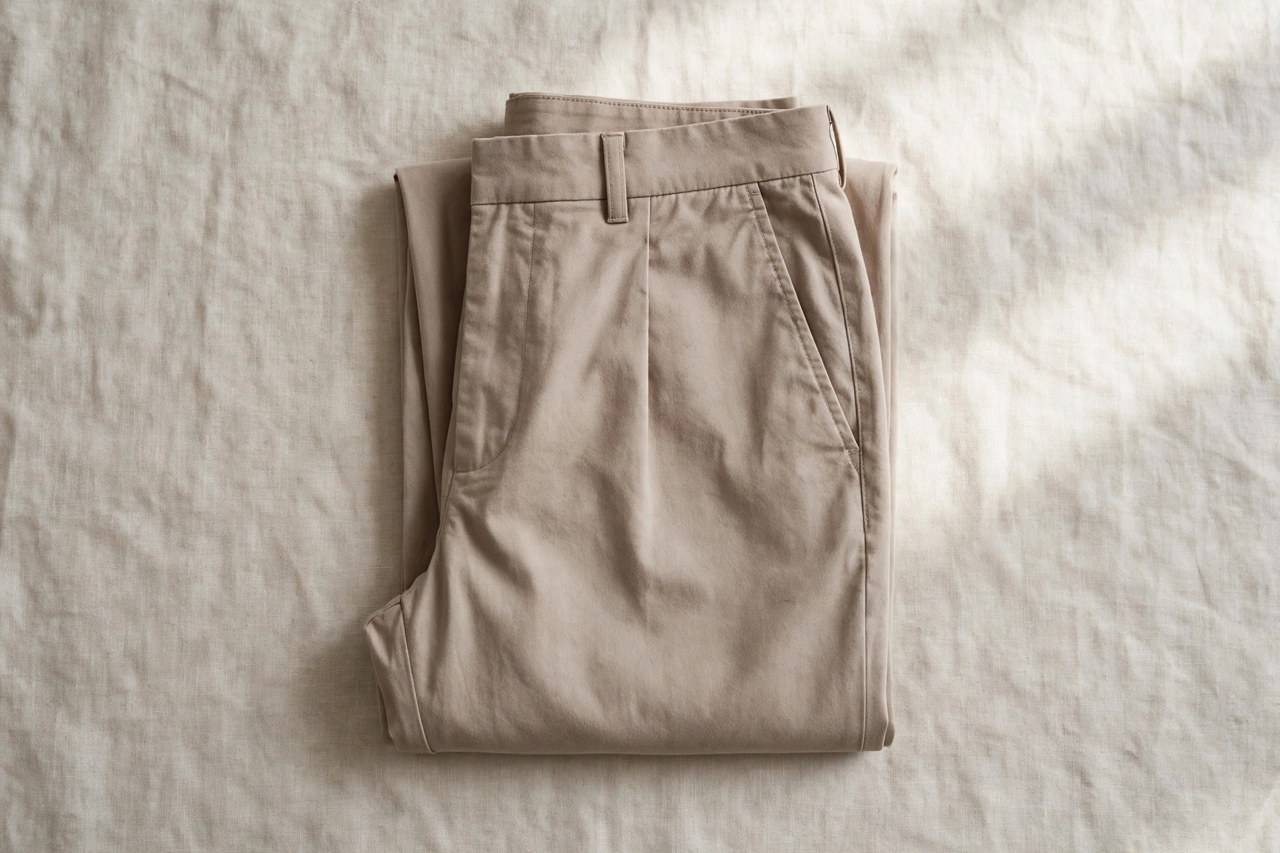 Neatly folded women's cotton slacks in a smooth semi-tailored cut on a clean neutral background