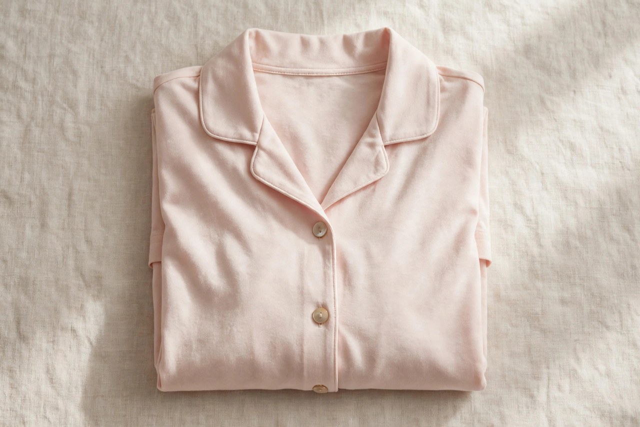 Neatly folded women's cotton sleep shirt in soft jersey on a clean neutral background