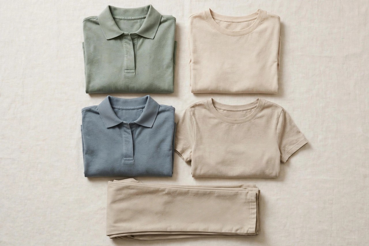 Neatly folded women's cotton sportswear separates including polos, twill pants and casual tops in coordinated colors on a clean background