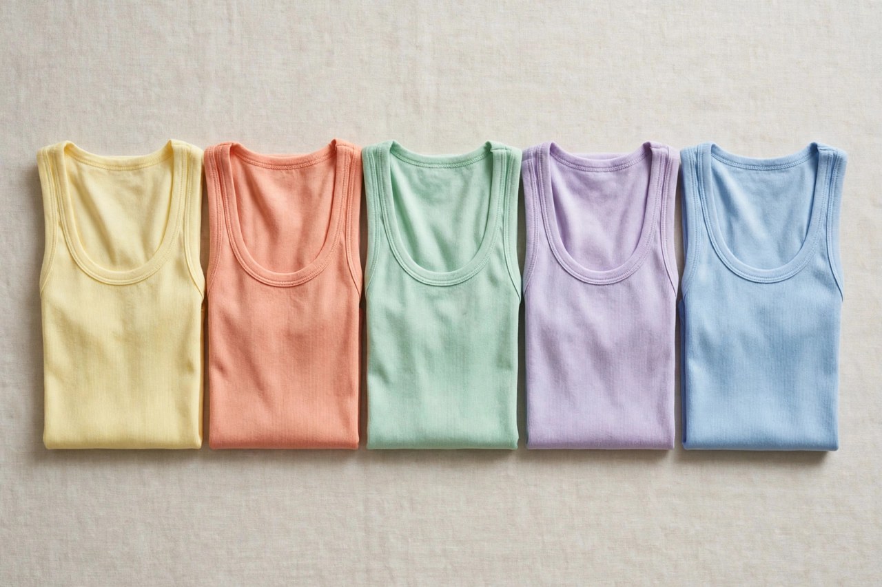 Neatly folded women's cotton tank tops in summer colours on a clean neutral background
