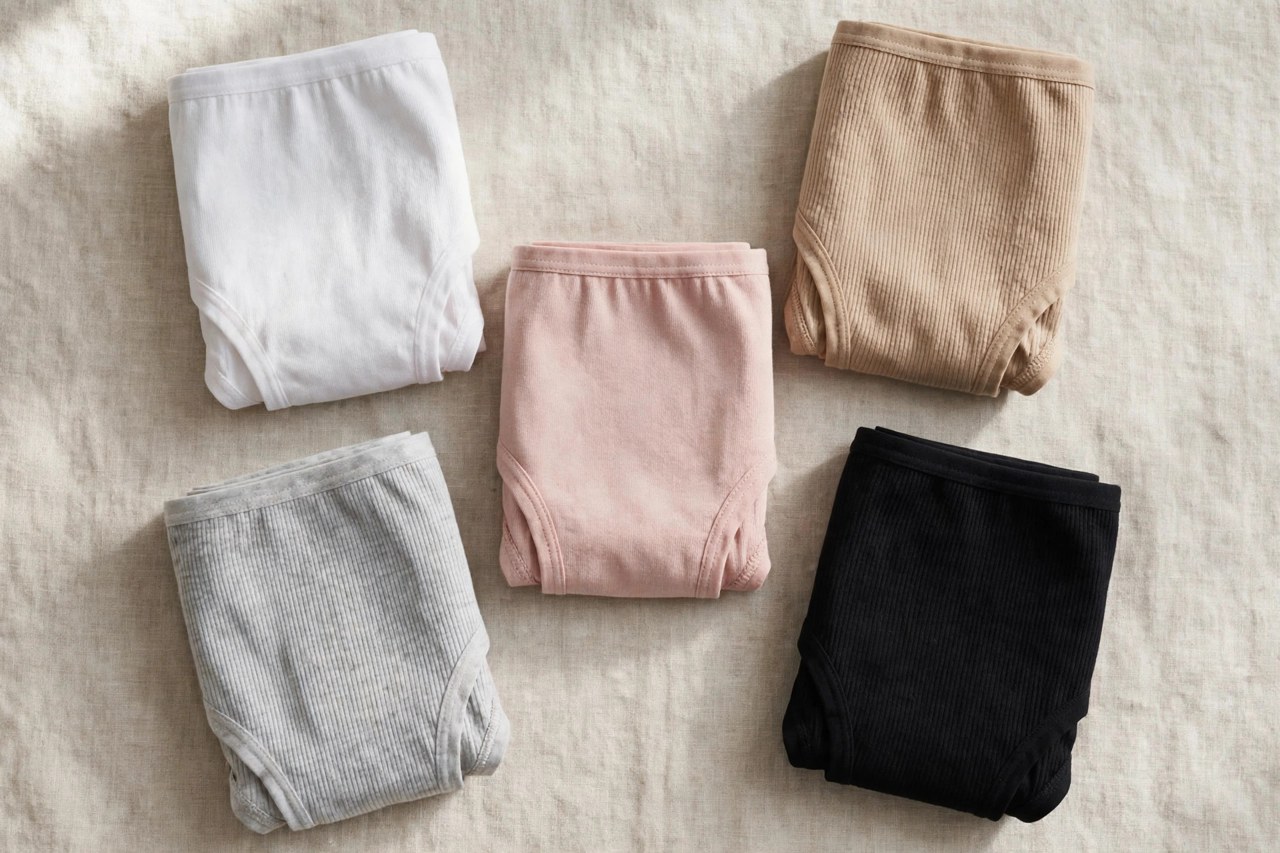 Neatly folded women's cotton thermal underwear in a waffle knit texture on a clean neutral background