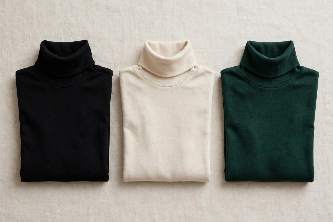 Neatly folded women's cotton turtlenecks in black, cream and deep colours on a clean neutral background