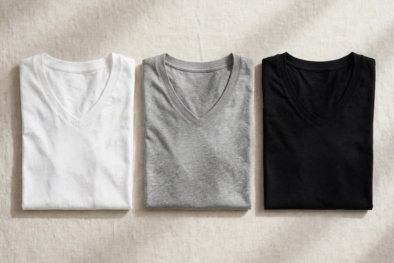 Neatly folded women's cotton V-neck t-shirts in white, black and heather grey on a clean neutral background