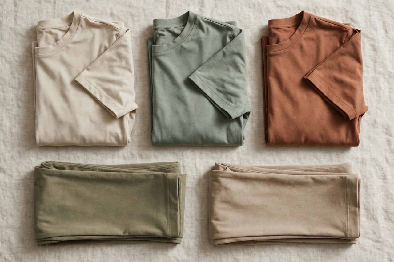 Neatly folded women's cotton yoga clothing in soft jersey and interlock knits in calm earth tones on a clean background