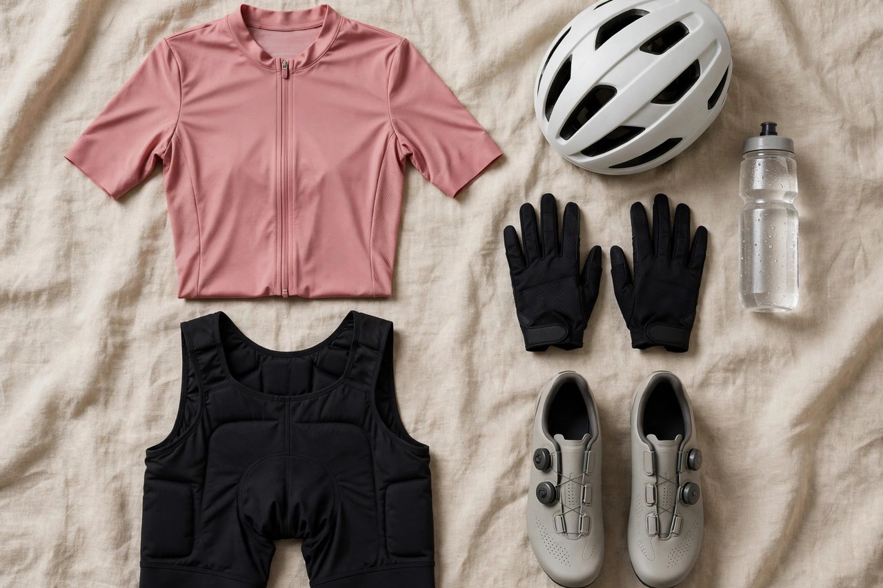 Women's cycling kit with a fitted jersey, padded bib shorts, shoes and gloves laid out beside a helmet and water bottle
