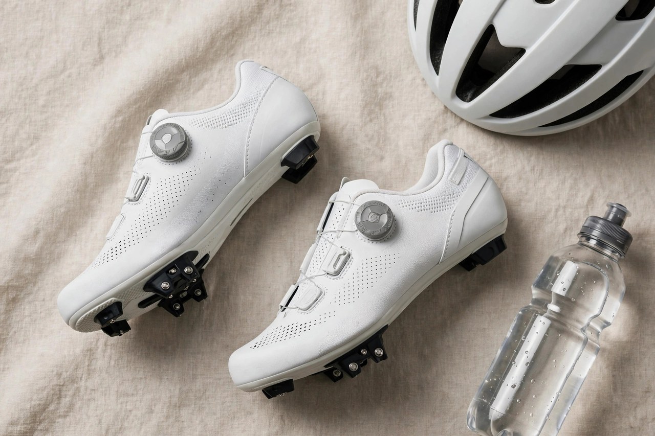 Pair of women's white road cycling shoes with dial closures and cleats on the soles beside a helmet and water bottle