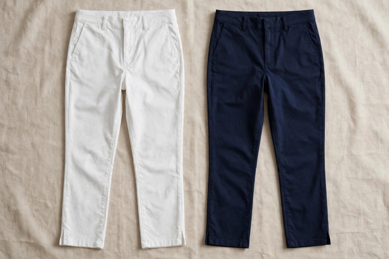 Women's capri pants ending at mid-calf in white and navy cotton with a slim tapered leg, flat lay