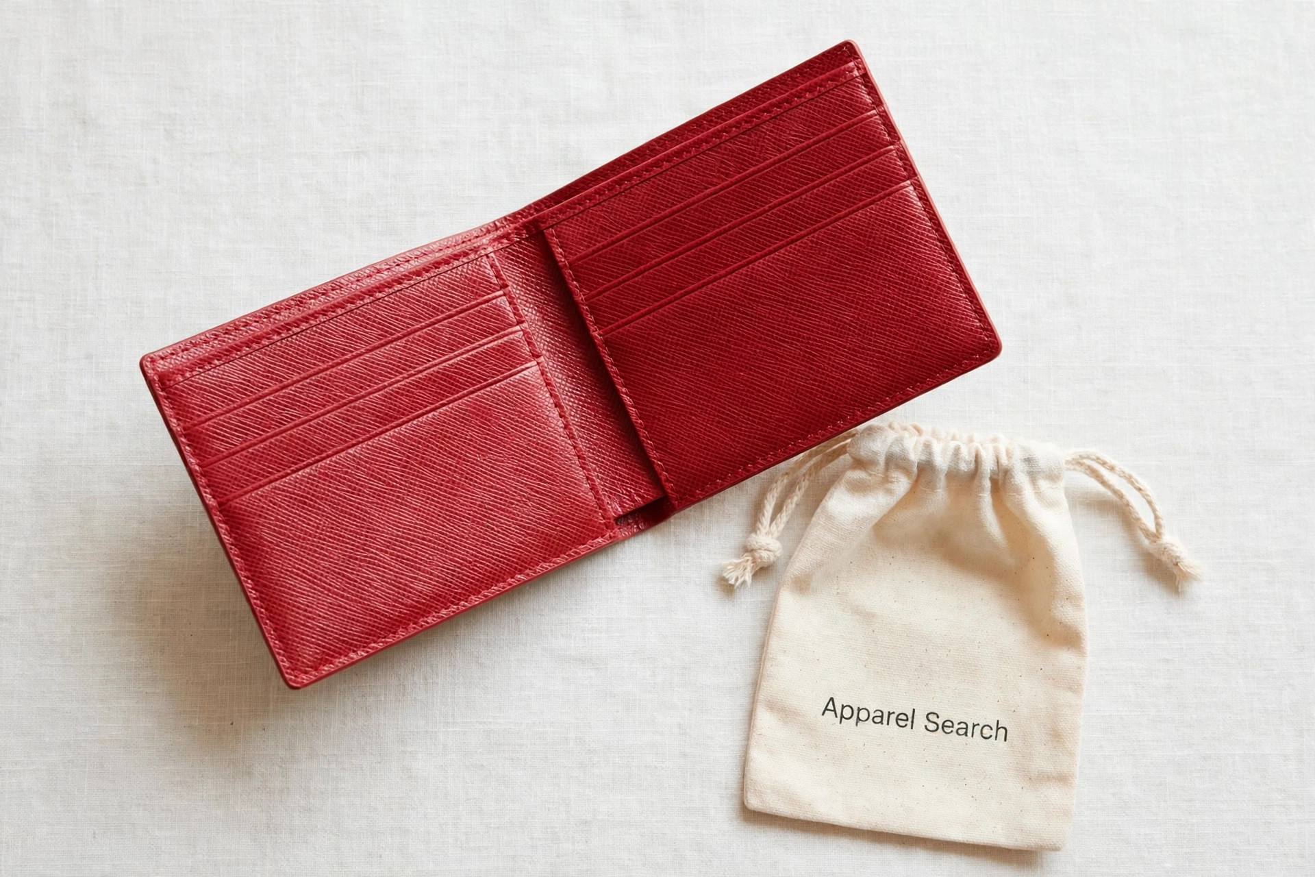 Women's cardholder in red saffiano leather with card slots visible and a dust bag printed nearby, product photography with no people