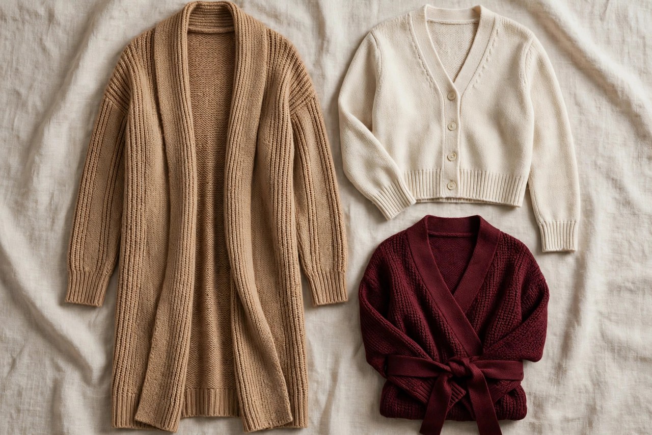 Women's cardigan sweaters collection with a long open-front cardigan, button-front cropped cardigan and belted wrap cardigan in camel, cream and burgundy