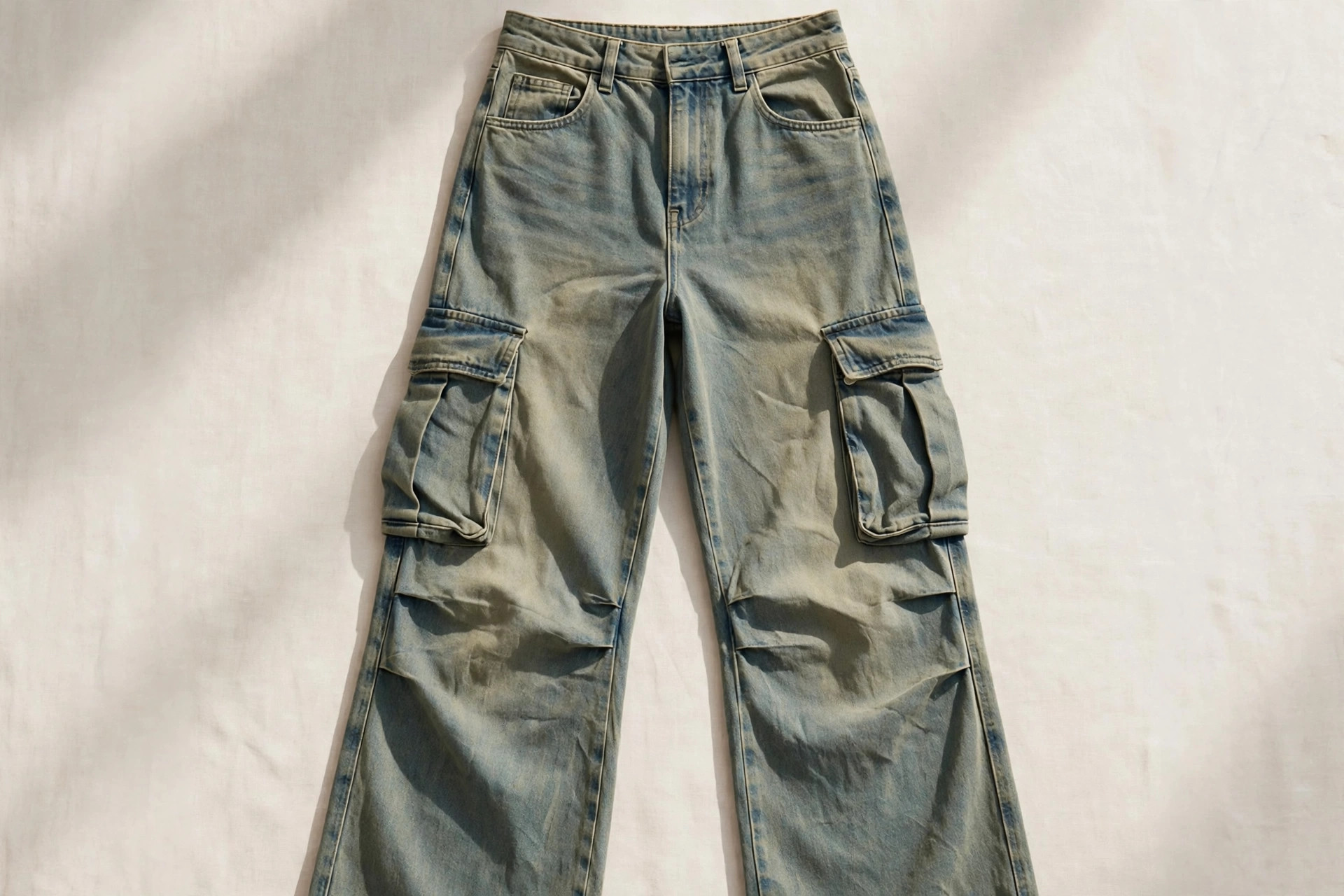 Women's cargo jeans in washed olive-tinted blue denim laid flat, showing large bellows pockets on the outer thighs, product photography with no people