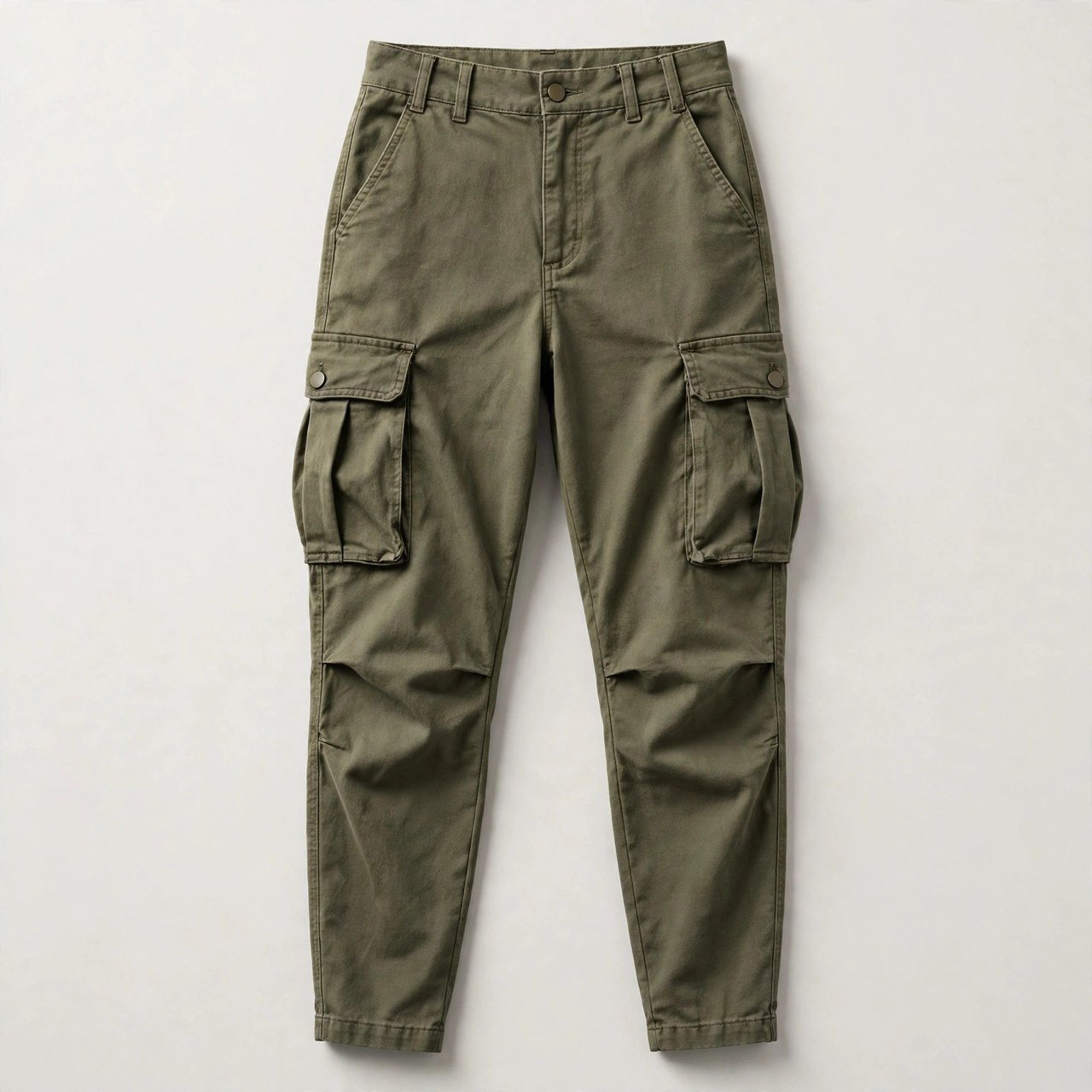 Women's cargo pants in olive utility twill with bellows side pockets and a tapered leg, product shot