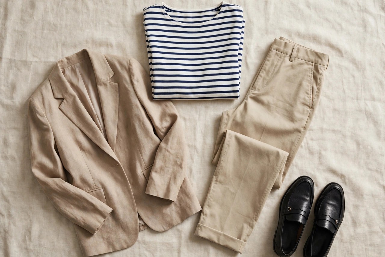 Polished women's casual fashion flat lay with a striped Breton top, relaxed blazer, straight-leg trousers and loafers