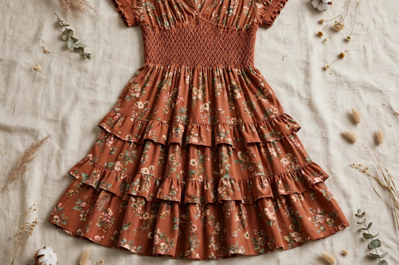 Rust floral print casual indie dress with a smocked bodice and tiered cotton skirt laid flat