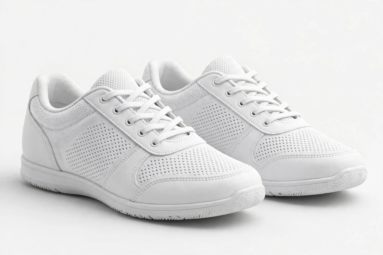 Pair of women's white lightweight cheerleading shoes with low-profile grippy soles
