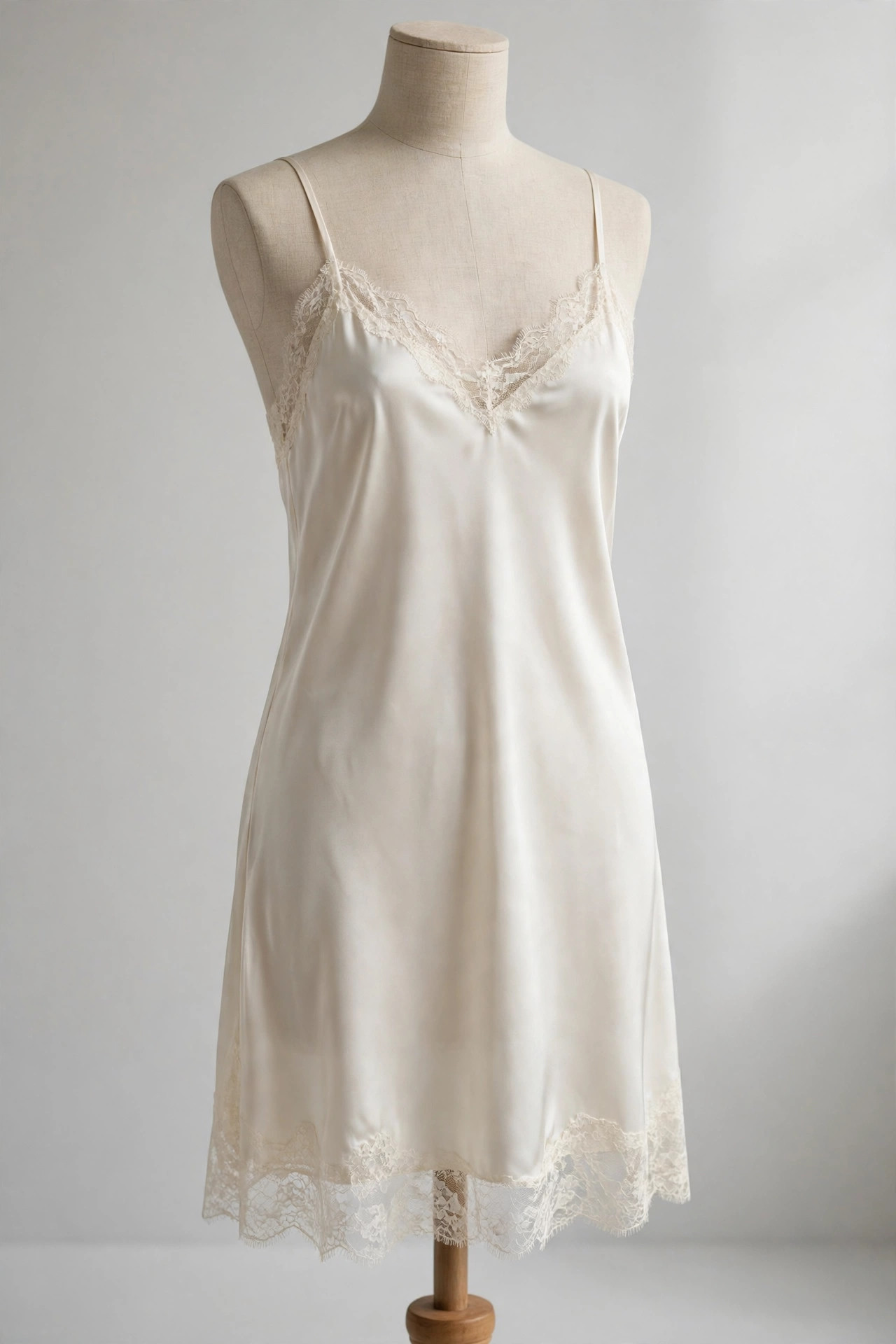 Ivory silk chemise nightdress with delicate lace trim hanging on a dress form