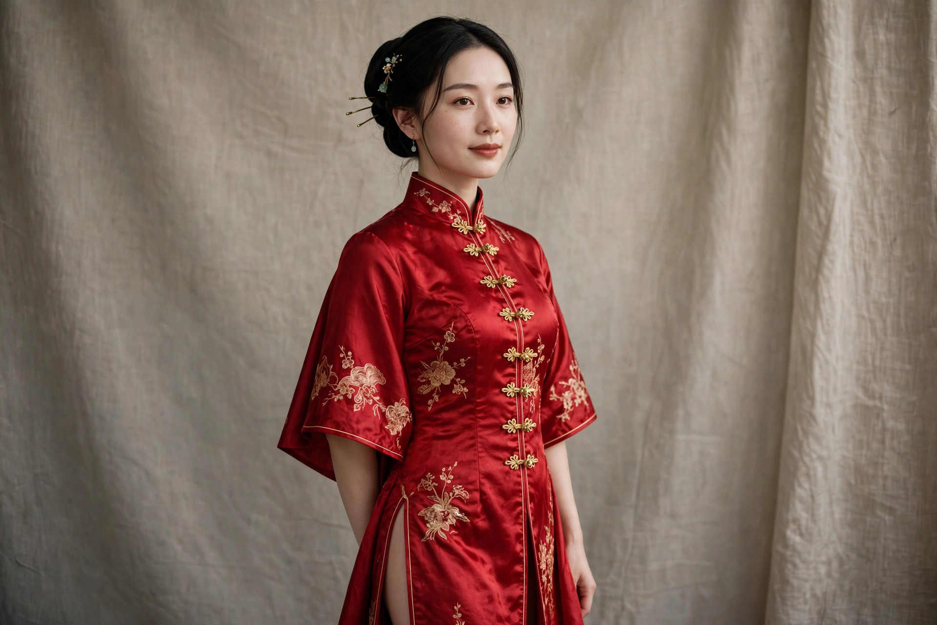 Woman wearing an elegant red silk cheongsam qipao dress with mandarin collar, frog closures and side slit