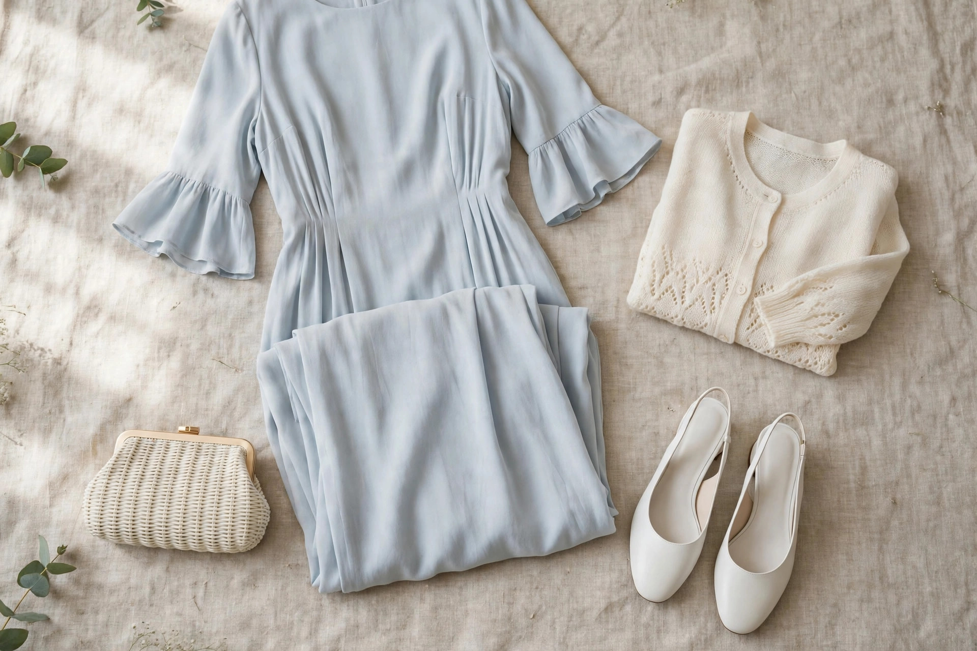 Adult woman's christening guest outfit laid flat: a pale blue midi dress, white low heels, a delicate cardigan and a small clutch on linen