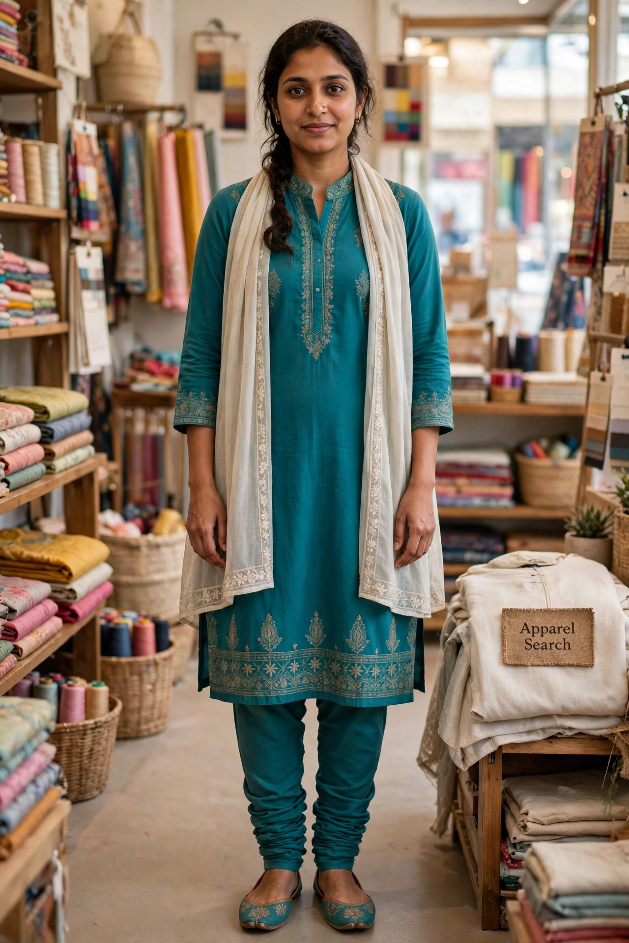Woman wearing a teal kameez with slim churidar trousers gathered in soft folds at the ankles, a light dupatta and jutti shoes
